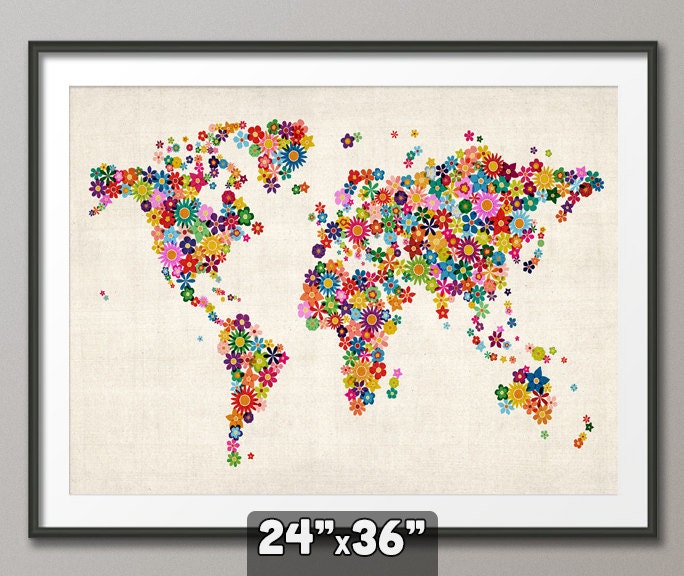 Flowers Map of the World Map, Art Print 24x36 inch (171)