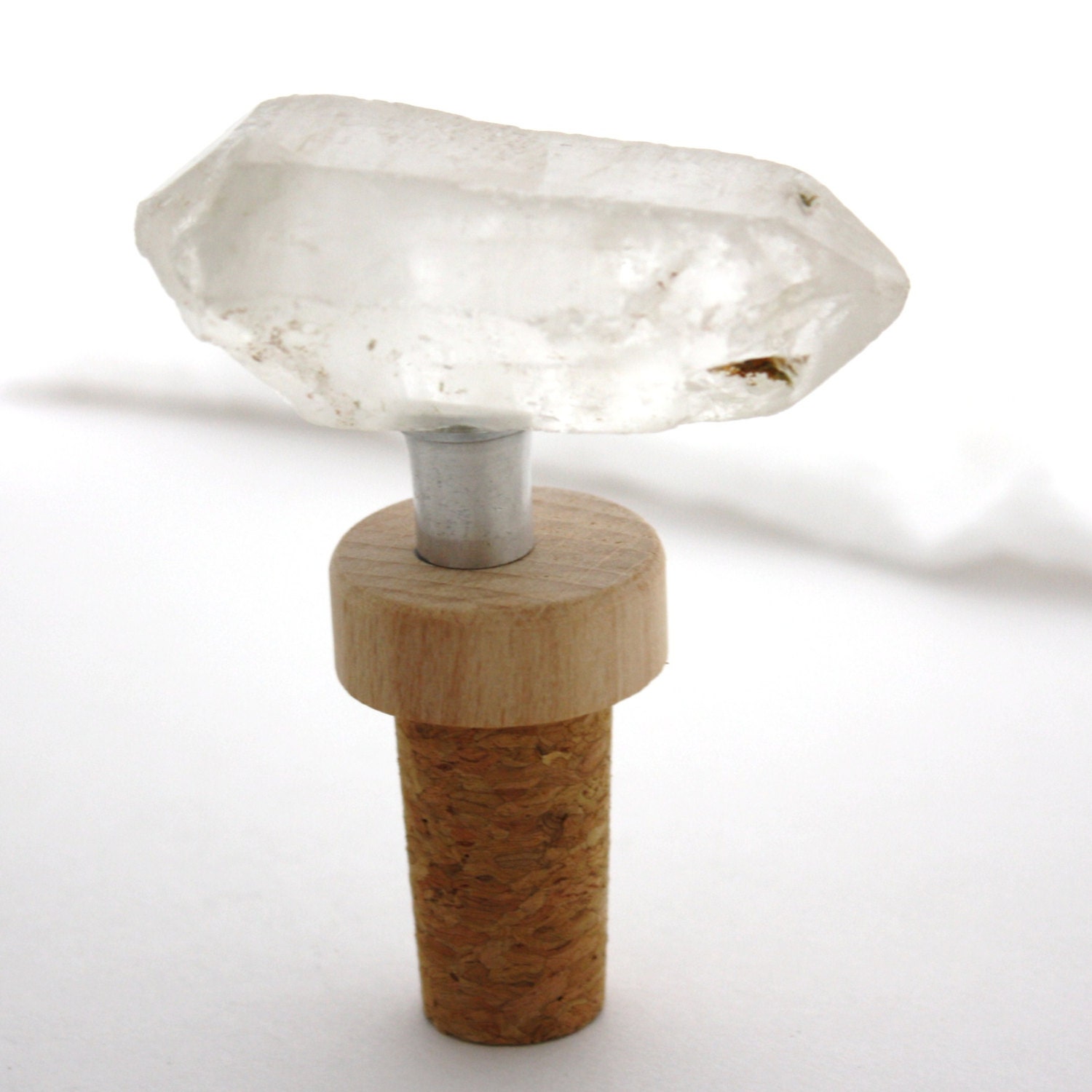 Quartz Crystal Wine Stopper- Clear quartz crystal point and natural cork.  A unique host or hostess gift. Special Edition.