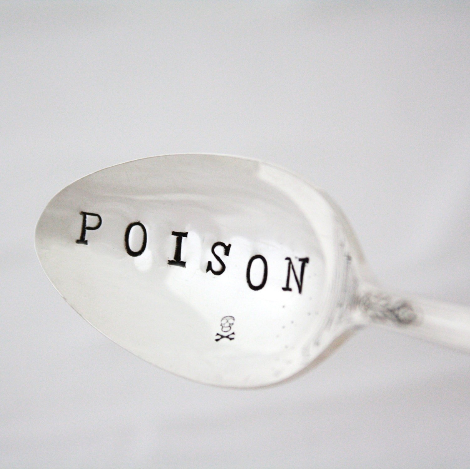 Poison tea spoon with skull. Hand stamped coffee spoon for spooky trick or treat fun. Halloween decor by Milk and Honey, ready to ship