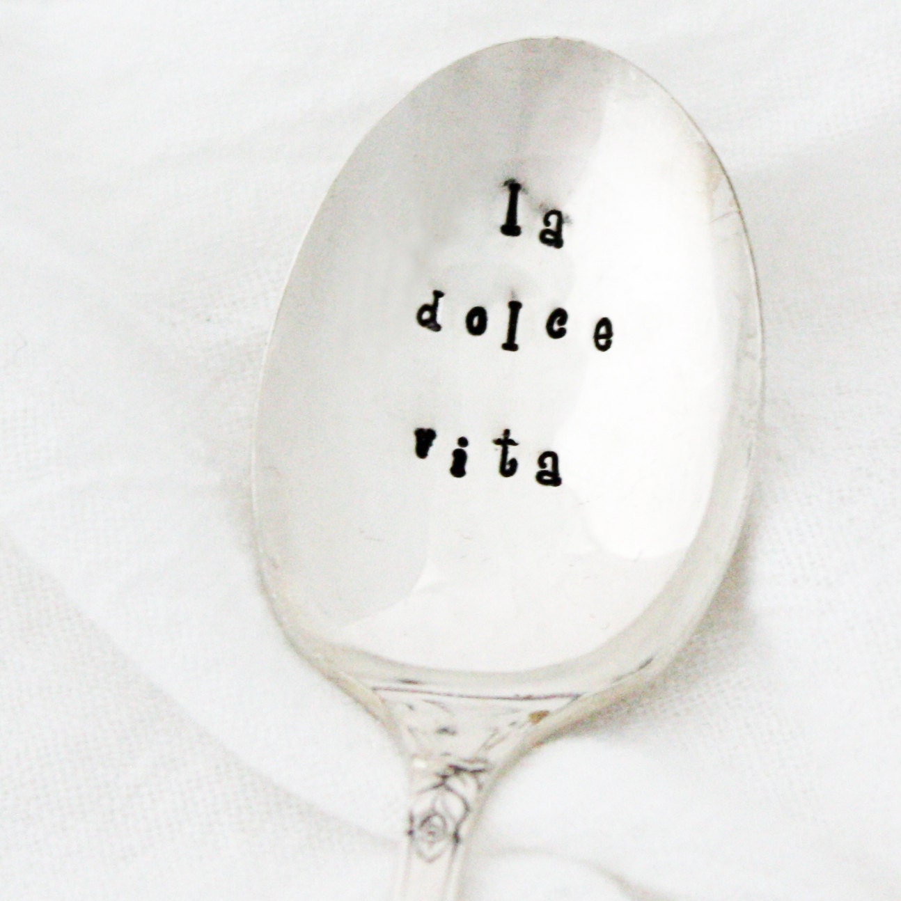 La Dolce Vita sugar spoon: Handstamped vintage sugar spoon with the Italian for "The Sweet Life" Boho home decor Milk & Honey