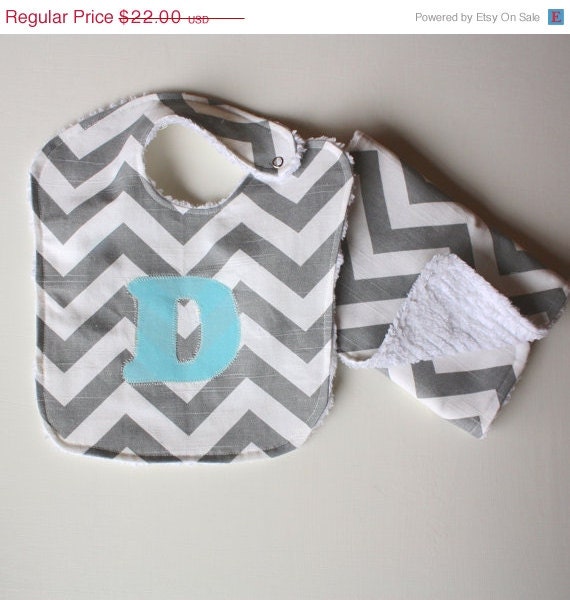 ON SALE Applique Chevron Baby Bib and Burp Set // Baby Gift // Baby Shower Gift Set
