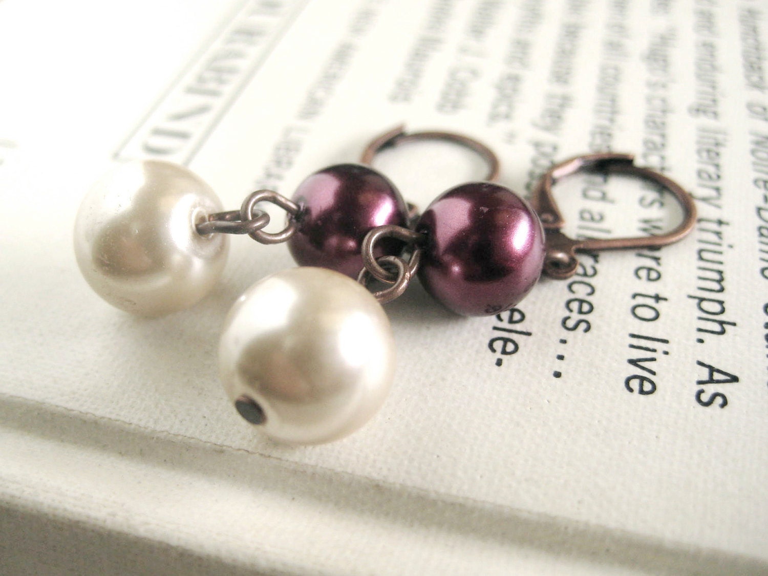 Dark Red Earrings -  maroon, pearl, vintage, cream, copper