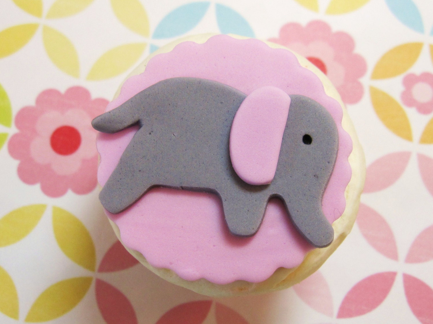 Elephant fondant cupcake toppers on pink scalloped background for new baby girl boy first birthday Il_570xn