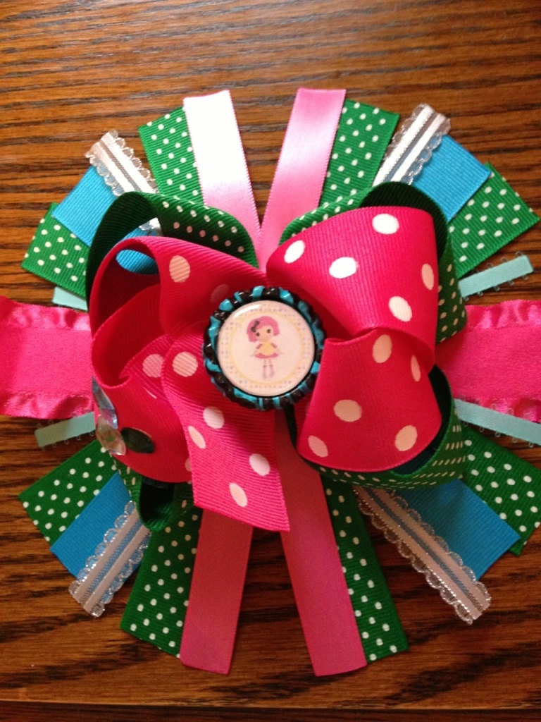 Lalaloopsy inspired hair bow clip, pink, green, blue, white, bottle cap, birthday, girls boutique bows, summer hair clips