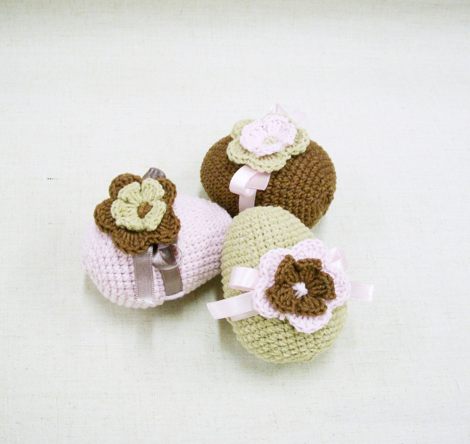 Easter Eggs Crocheted Toy  Easter  Amigurumi Food Home Decor Set of 3 Brown Beige Ligth Pink