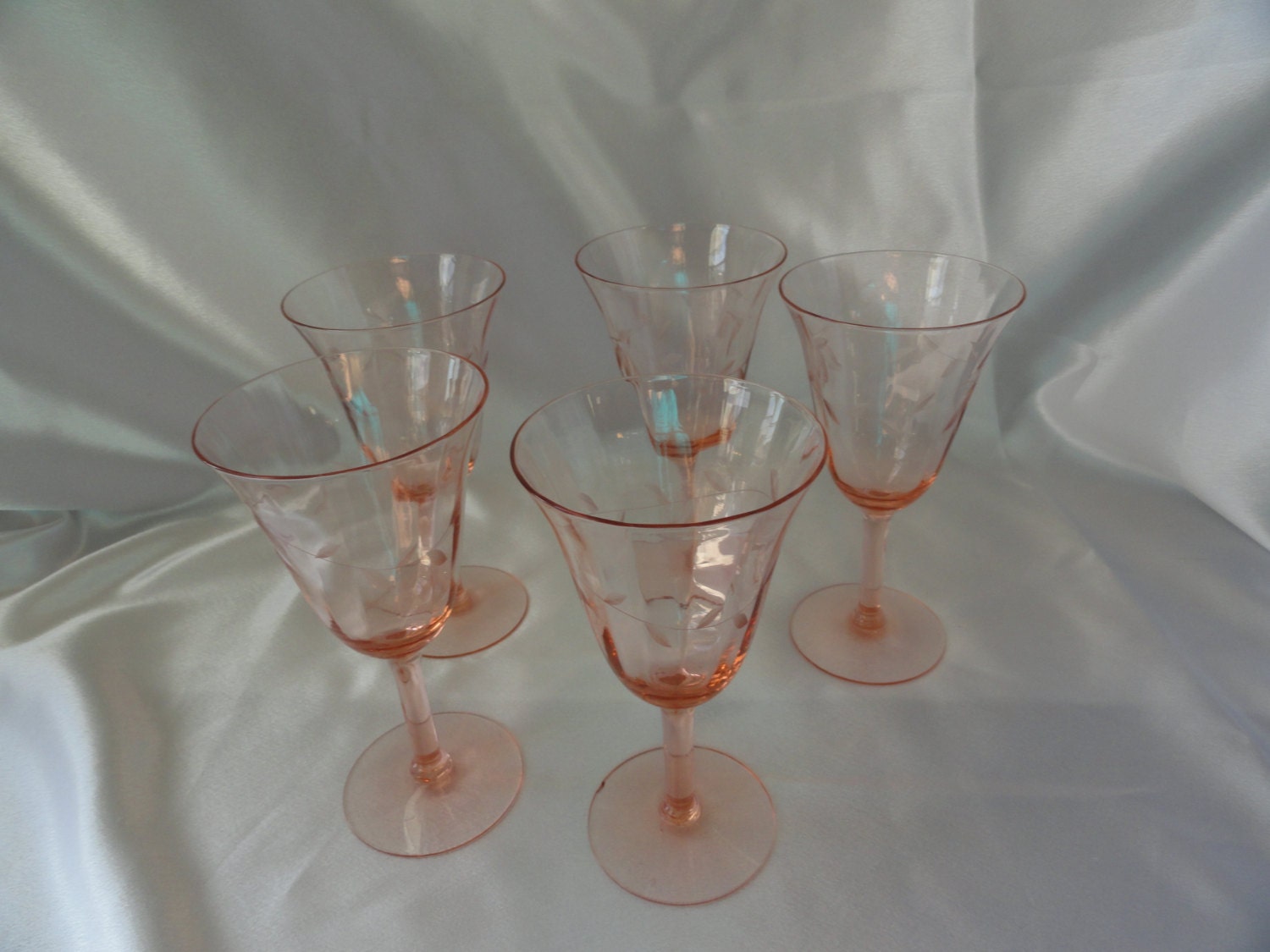 Lancaster Jubilee Pink Depression Glass Long stem stemware glasses