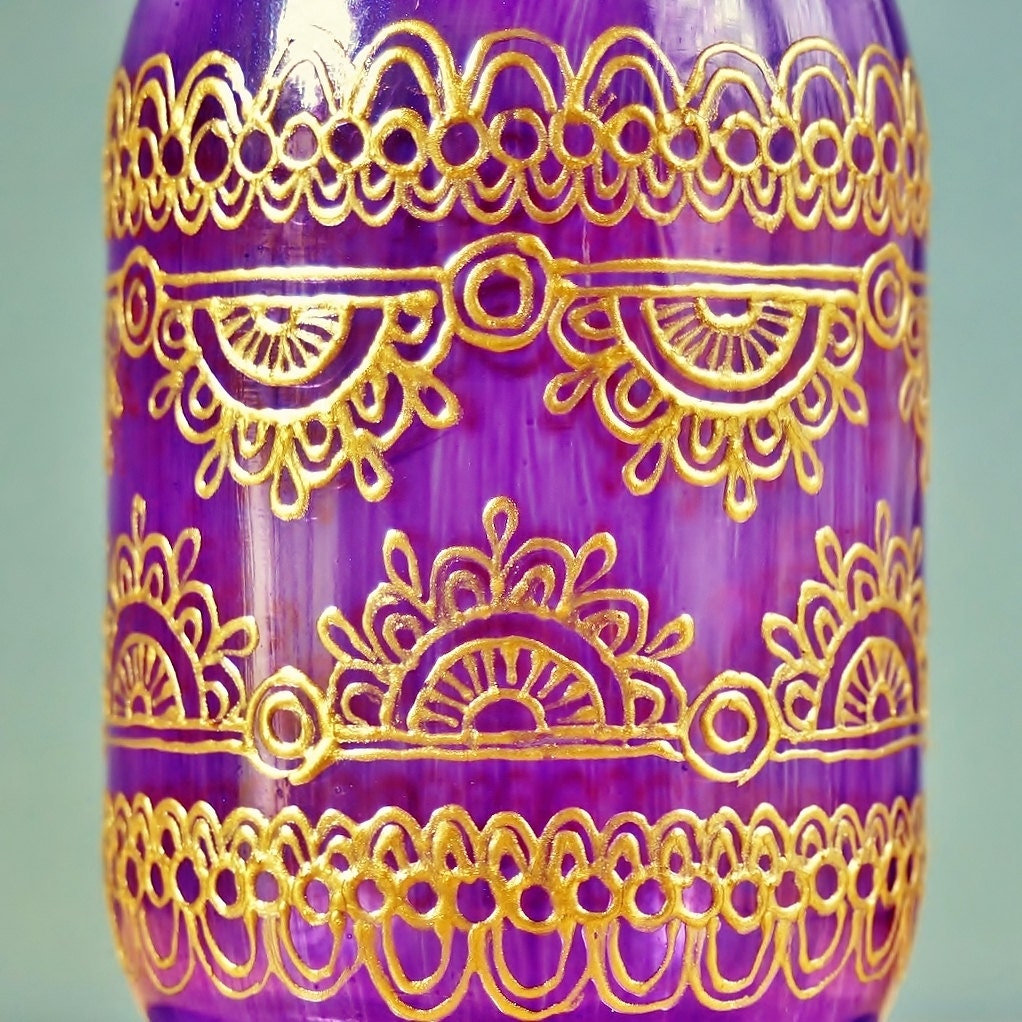 Violet Glass Mason Jar Lantern with Gold Henna Style Accents