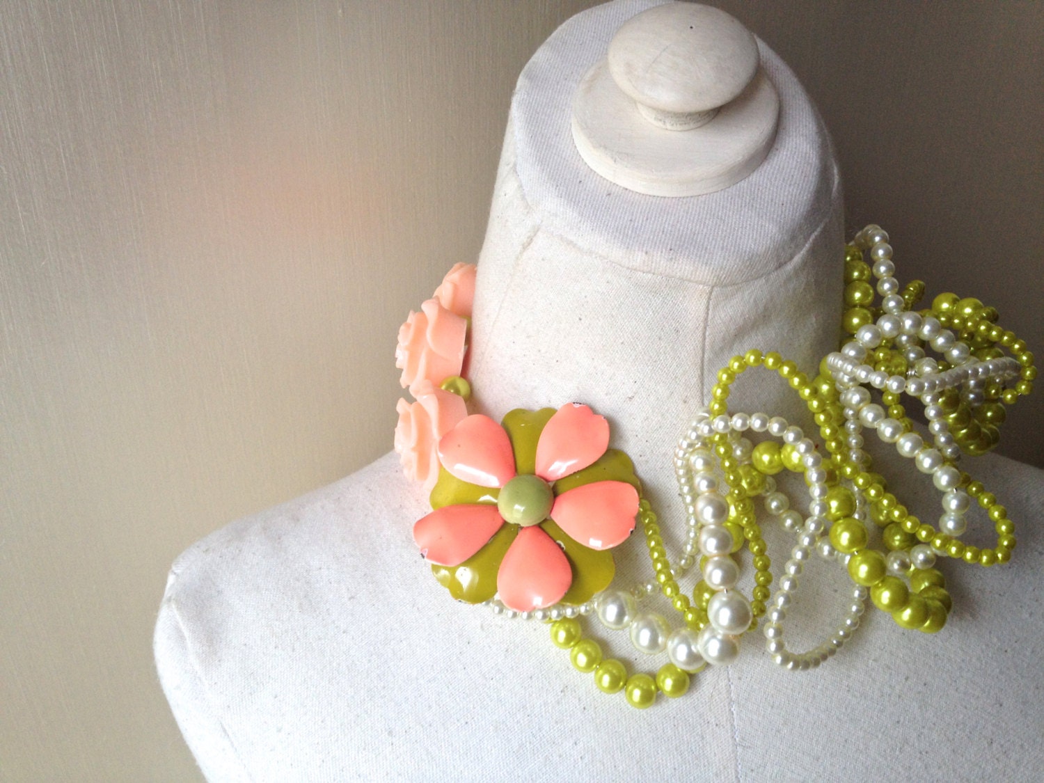 SPRING Flower Brooch Pearl Wedding Statement Necklace in Peach, Lime, Cream, Pink, Green & Chartreuse Jewelry by ZILLAS QUEEN