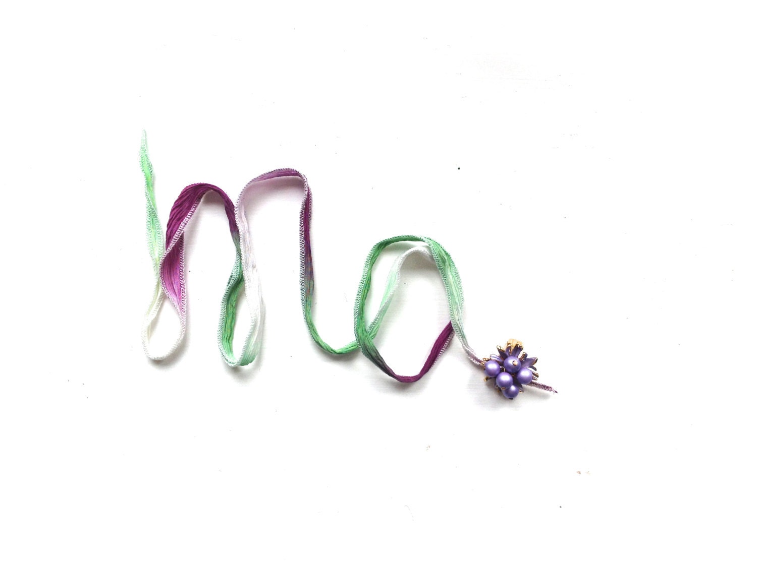 Mothers Day MOM Silk Wrap Bracelet Flower Brooch in Green, Purple & White Statement Jewelry by ZiLLAs QuEeN