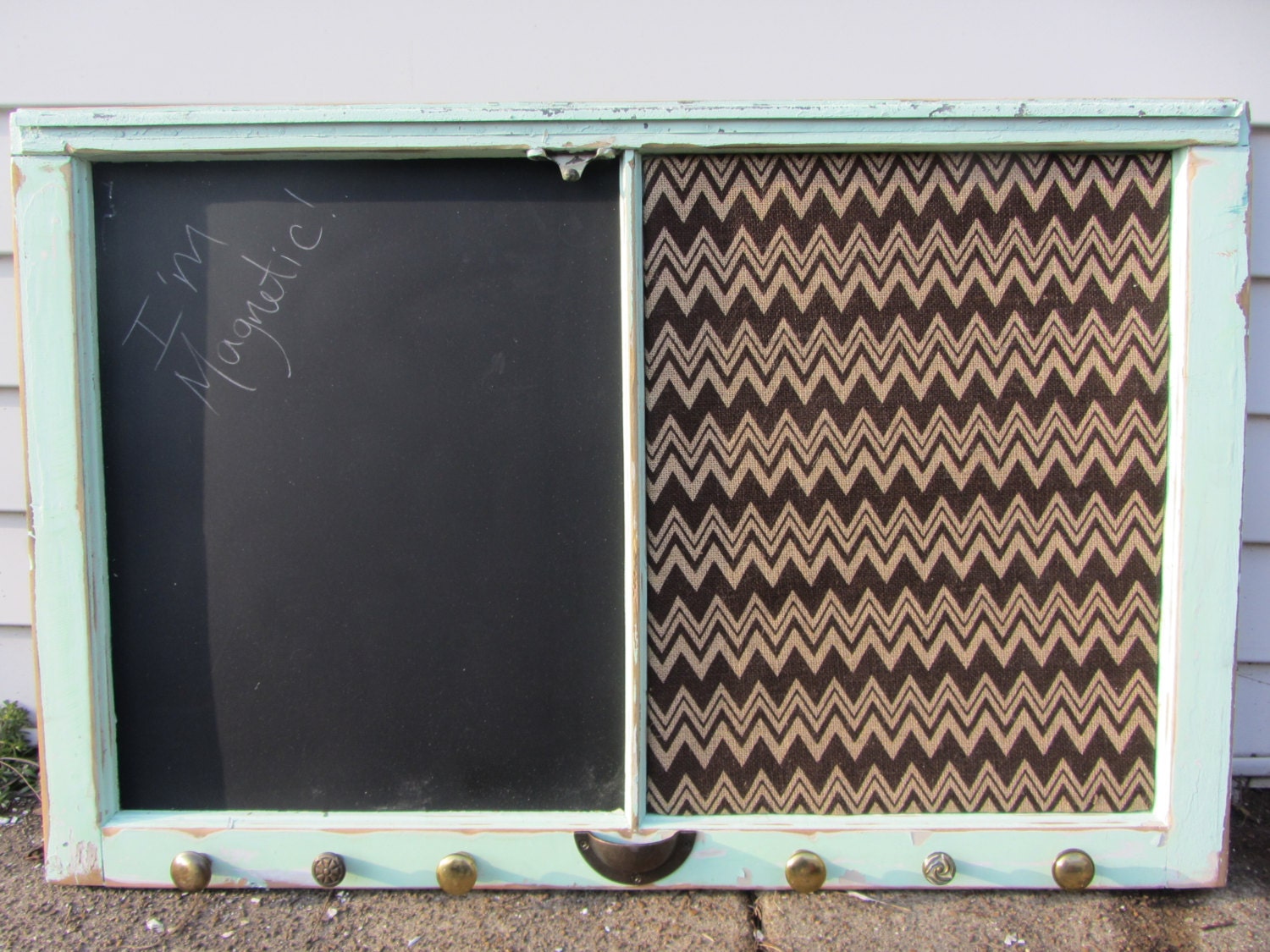 Old windows - Mint Green Frame - Magnetic Chalkboard - Burlap Chevron Cork Board - Vintage Brass Knobs - Farmhouse Chic - Shabby Chic