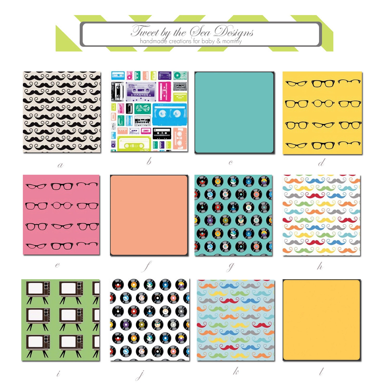 Complete Custom Nursery Set (Bumper Pads, Sheet, Crib Skirt, Stroller Blanket, & Changing Pad Cover in Geekly Chick and Hipster Coordinates)