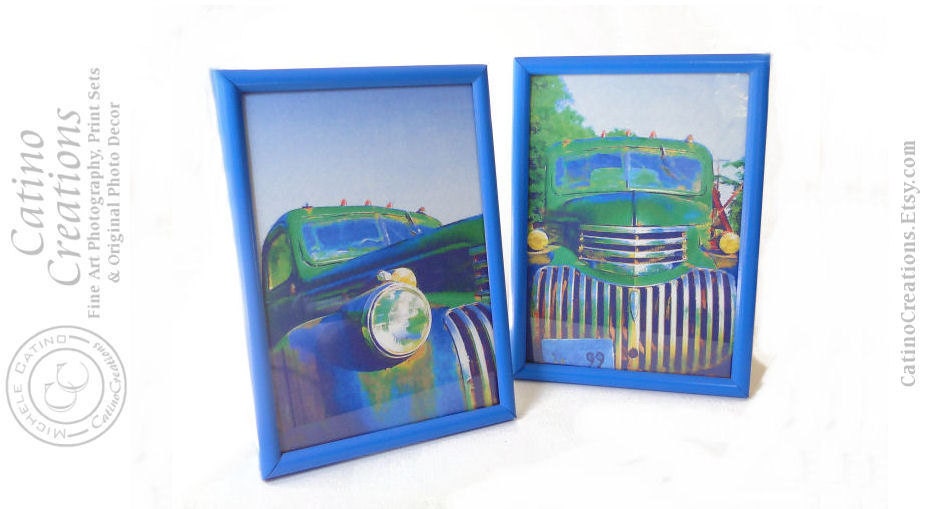 Retro Truck Art, Framed Nursery Decor Art, Shabby Chic Blue Metal Frames, Signed Original Chevy Truck Photos Framed Chevy Trucks