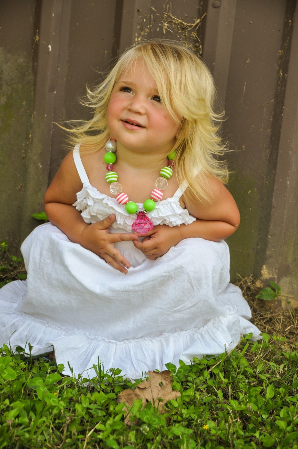Custom made to match chunky bead girls necklace pink and line green pink jewel pendant