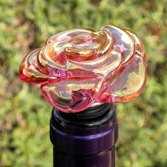 Wine Bottle Stopper Glass Rose Pink Gold Flower Stainless steel - untamedrose
