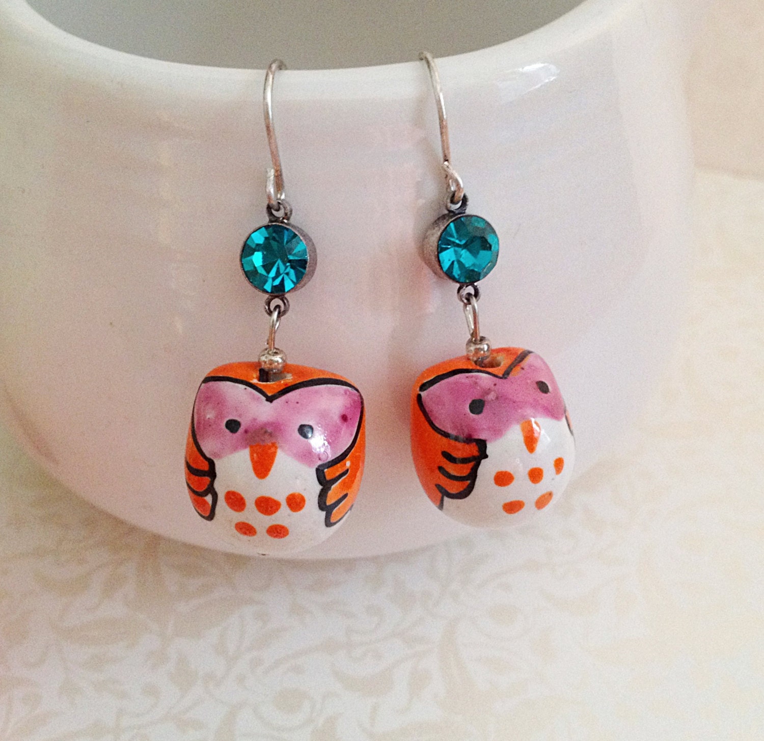Owl Dangle Earrings. Hand Painted Ceramic. Rhinestone. Orange. Pink. White. Whimsical. Cute. Owl Jewelry. Silver. Fun. Handmade.