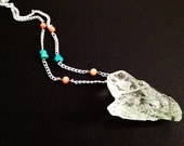 Chiseled Aqua Glass. Coral. Turquoise. Beach. Nautical. Summer. Mint. Green. Orange. Boho. Long Necklace. Statement Jewelry. Heart. Silver.