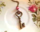 Romantic Heart Key Necklace. Vintage Style. Brass. Pink Pearl. Romantic. Love. 10 Dollars. Gifts for Her. Antique Gold Tone.