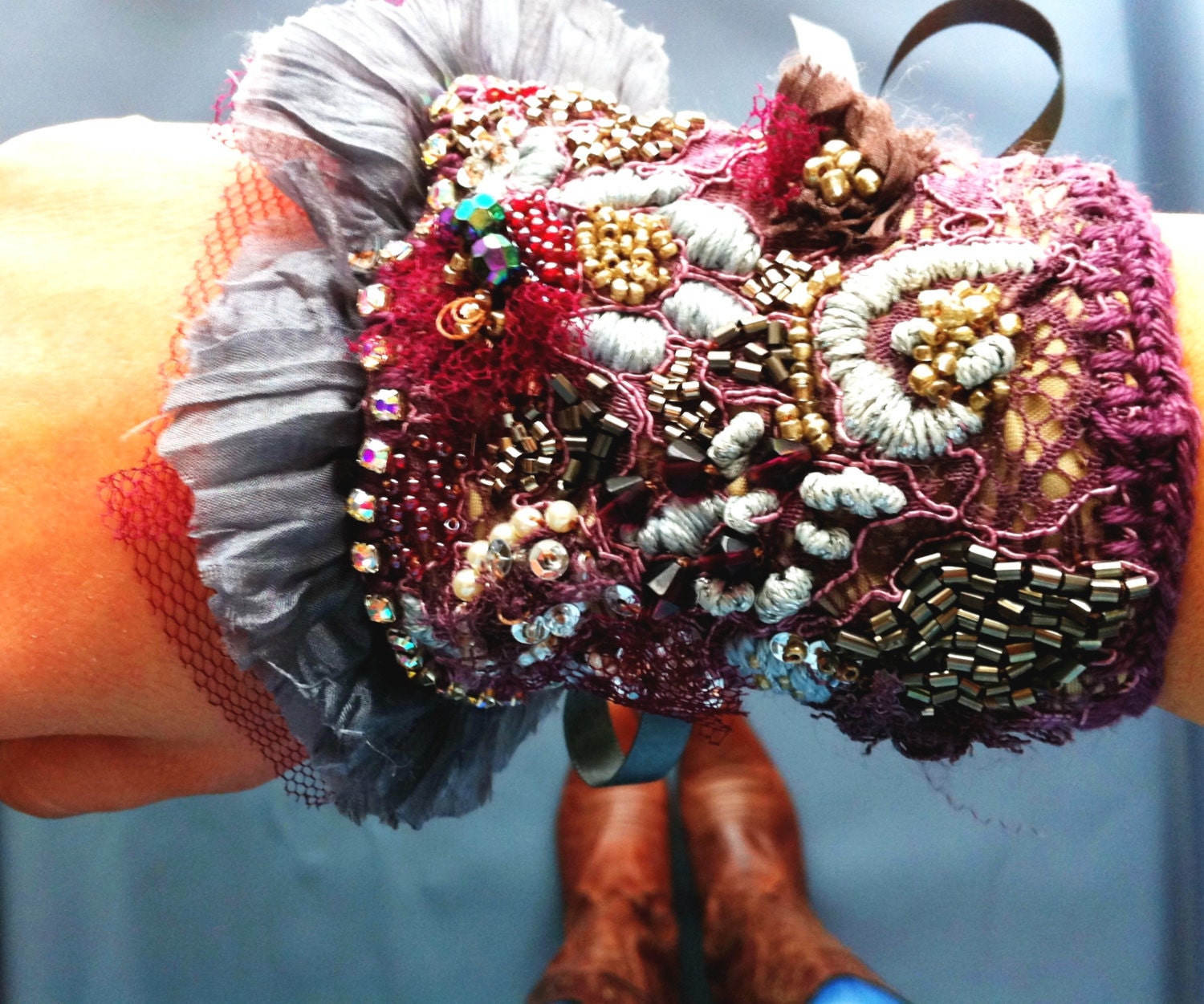 SilveRose Cuff Bracelet / beaded Embrioderied / Rhinestone / Bordeaux/ Genuine Leather / Grey Ribbon / Free Shipping
