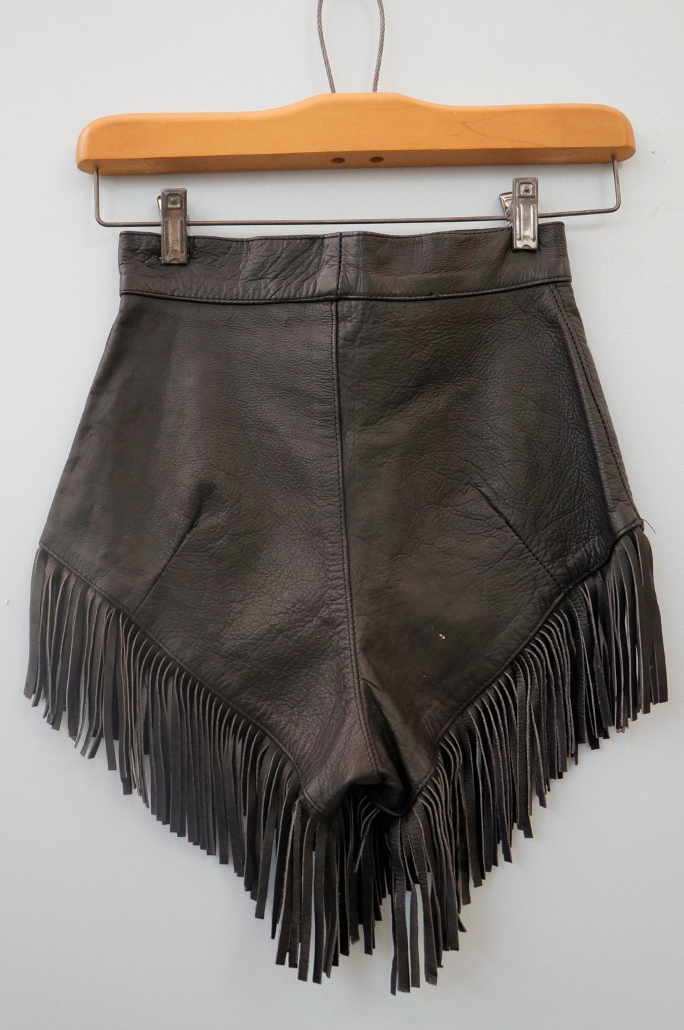 1970s Black Fringe Leather High Waisted Shorts by TimeWarpBR