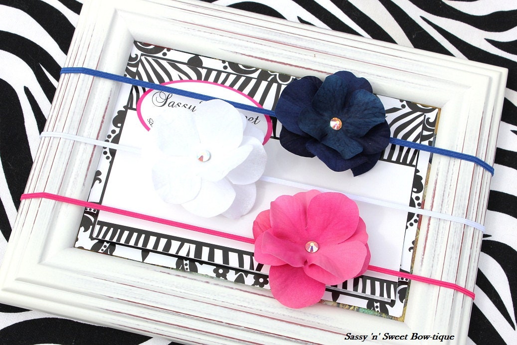 Dainty Delicate Hydrangea Blossom Swarovski Flower Stretch Skinny Headband You choose color Photo prop baby newborn toddler Spring Summer