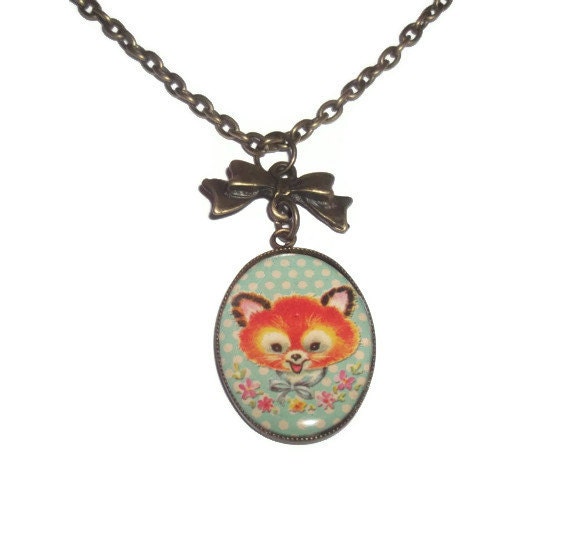 Baby Fox Necklace, Retro Kitsch Animal Pendant