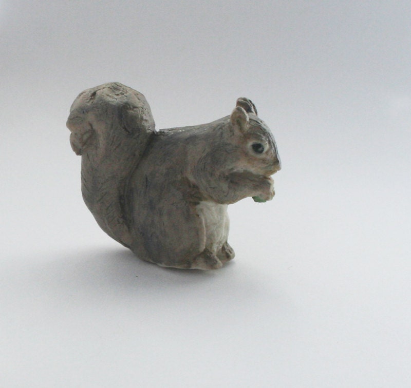 Eastern Gray Squirrel Eating Acorn, Miniature Porcelain Sculpture, Terrarium Ornament