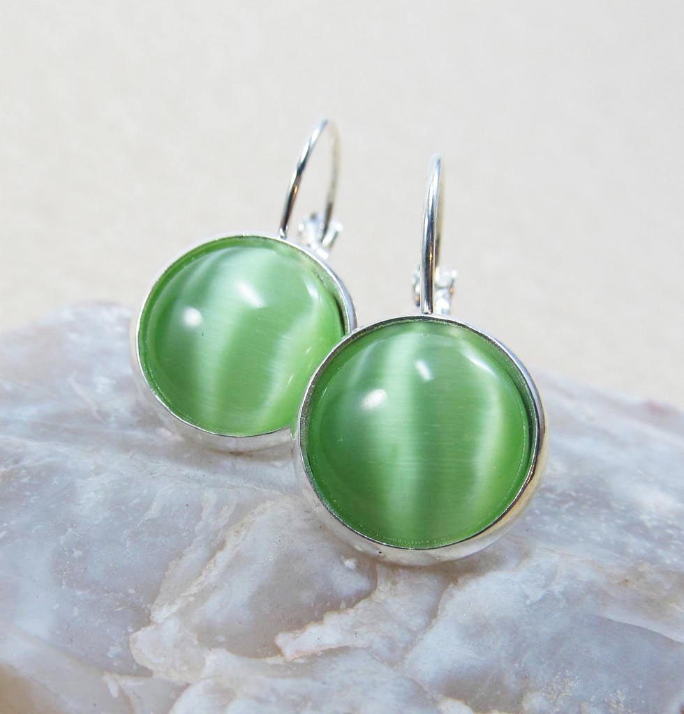 Drop Earrings - Round Lime Green Cat's Eye Glass Cabochon - Silver Plated Brass Bezel, Lever Back Hooks