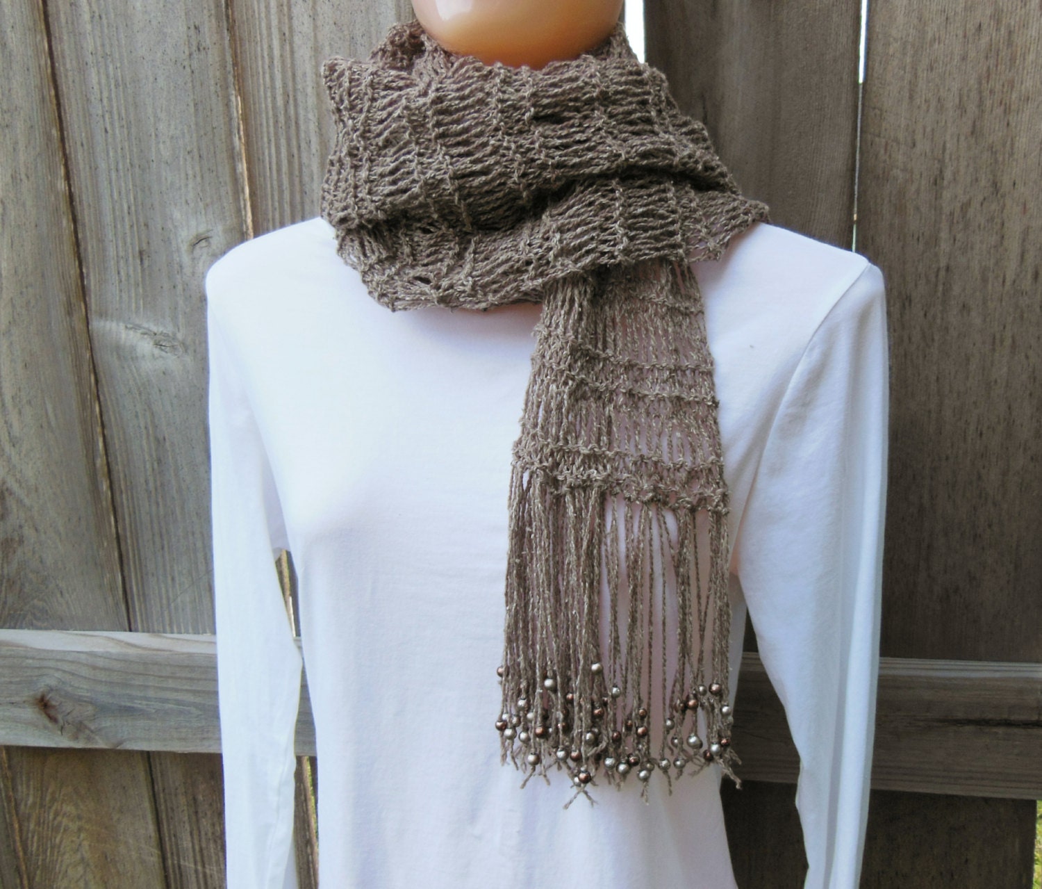 Knit Scarf. Hand Knitted Extra Long Scarf. Beaded Fringe. Scarves. Cappuccino. Silk and Wool