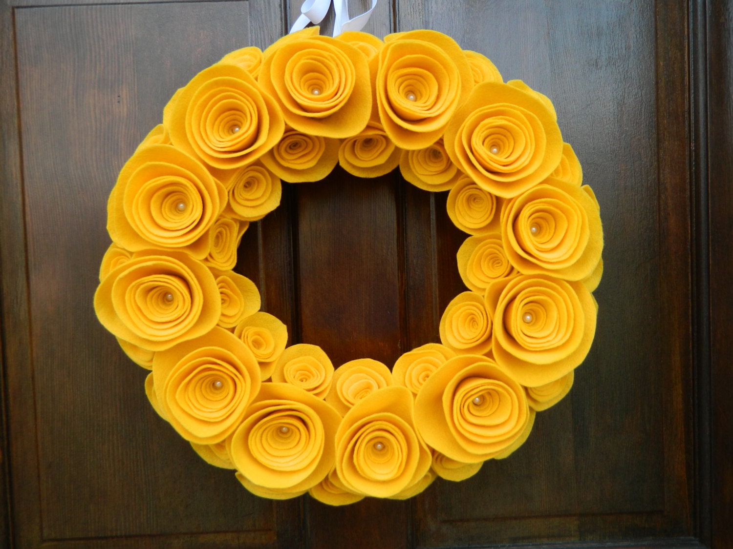 Spring Wreath - Summer Wreath - Bright Felt Flower Wreath in Gold with Pearls in the Large Flowers