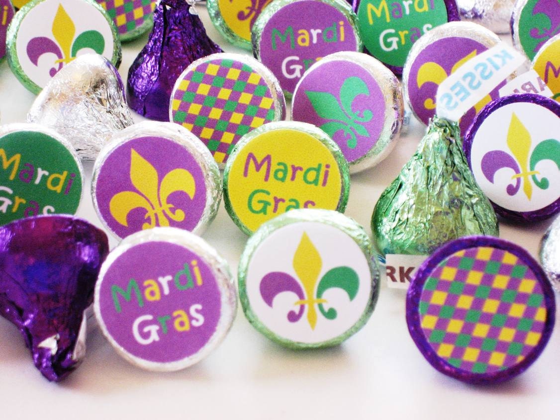 Mardi Gras Printable Hershey Kiss Candy Stickers - DIY Party Favors - Purple Green Yellow - Fleur De Lis - digitalartstar