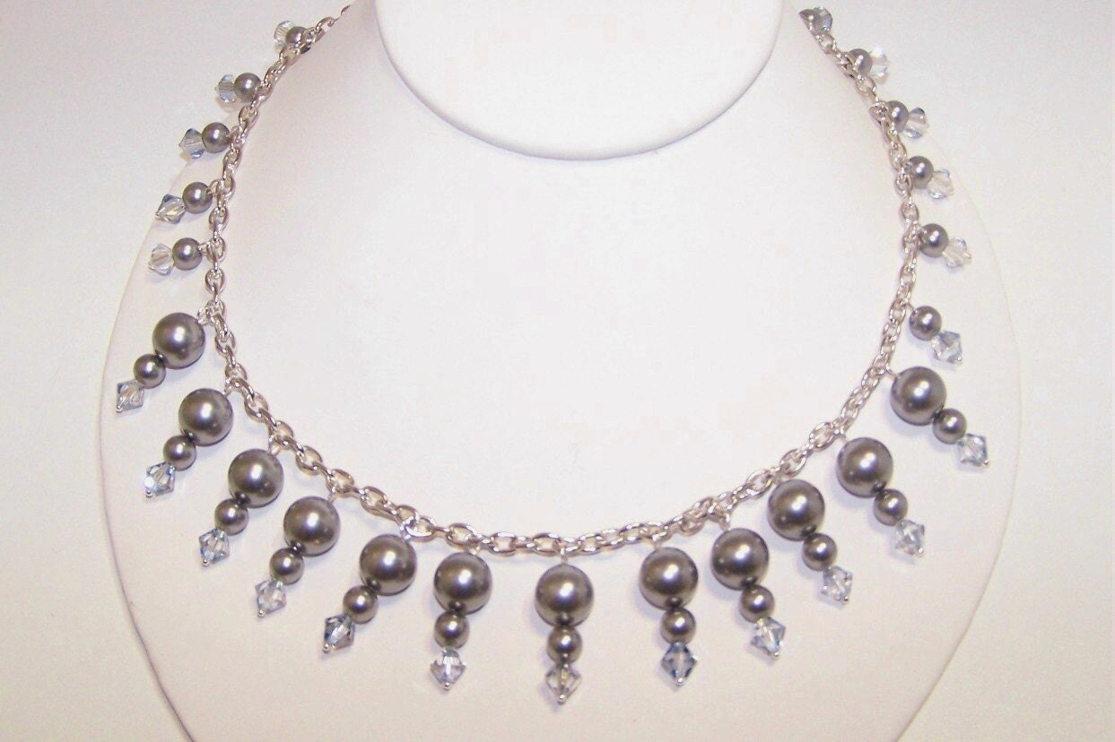 Grey, Pearl, Crystal, Necklace, Choker, Swarovski, MADE TO ORDER, Winter, Ice, Statement, Piece