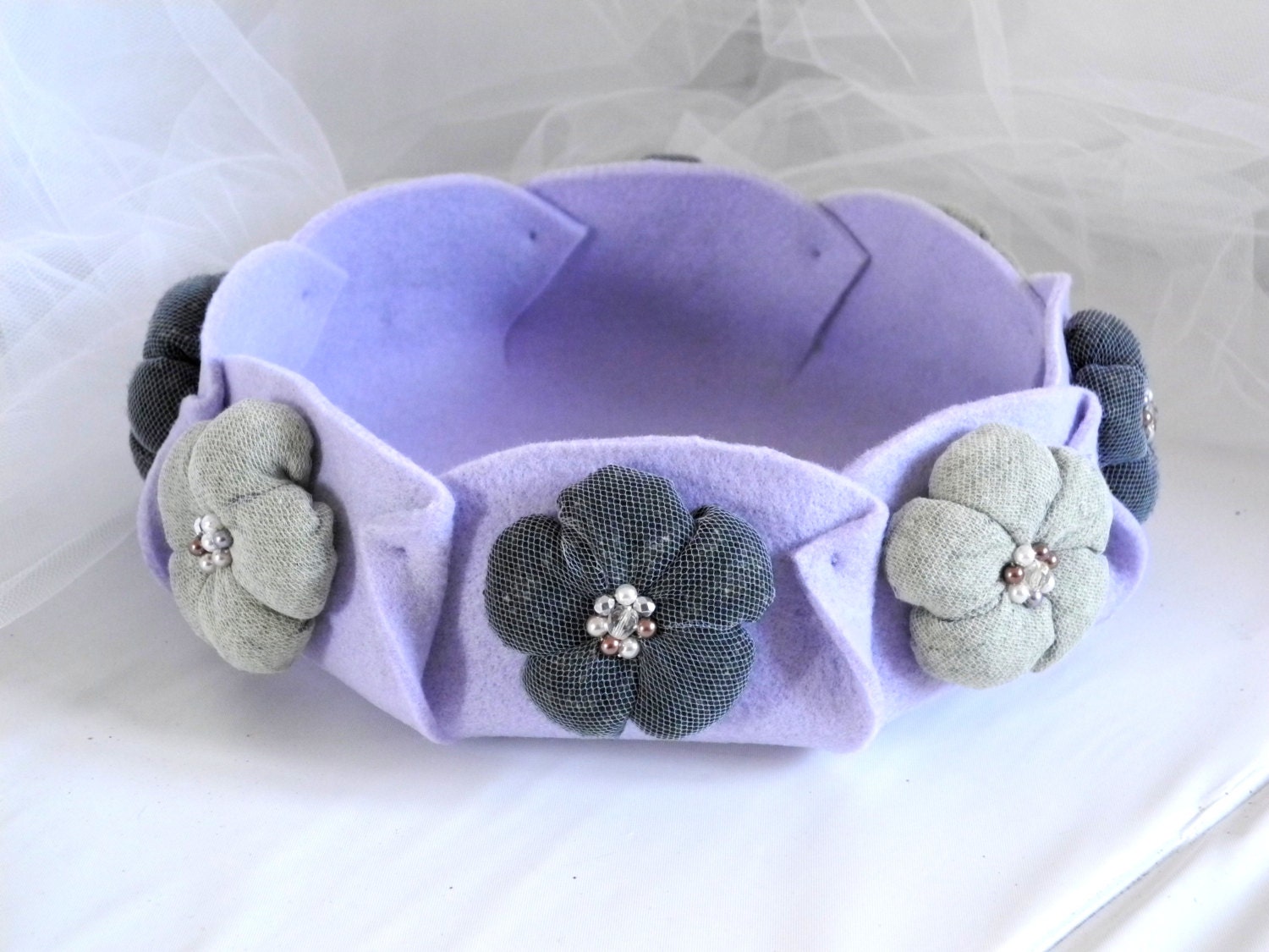 Lilac felt bowl green fabric flowers - lavender amethyst - spring bouquet - OOAK handmade - ready to ship