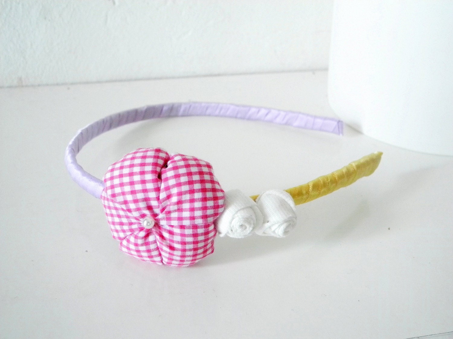 Headband with fabric flower and rosettes Yellow lilac pink Satin ribbon covered - ready to ship