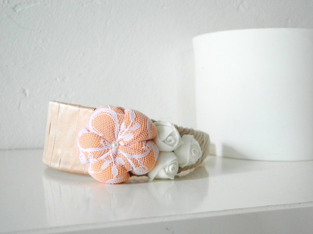 Headband salmon beige white Fabric flower rosettes Satin and velvet ribbon - ready to ship