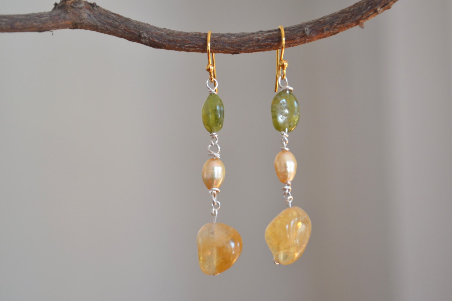 Triple Drop Earring  - Natural Pearls with Peridot and Honey Agate
