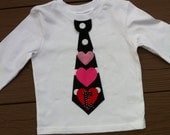 Custom children's clothing. Boys personalized Valentine tie shirt with initial. Black white polka dot. Red pink hearts. By EverythingSorella