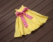 Girls Easter Dress with ruffle detail. Yellow. pink white polka dot sash. Size 5. FREE SHIPPING. Ready to Ship. By EverythingSorella