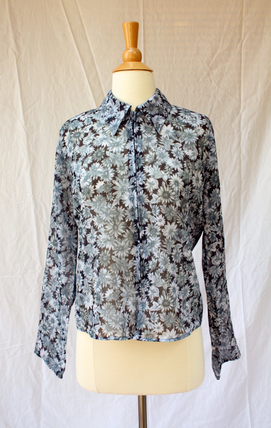 Zip Up Blue Floral Sheer Blouse