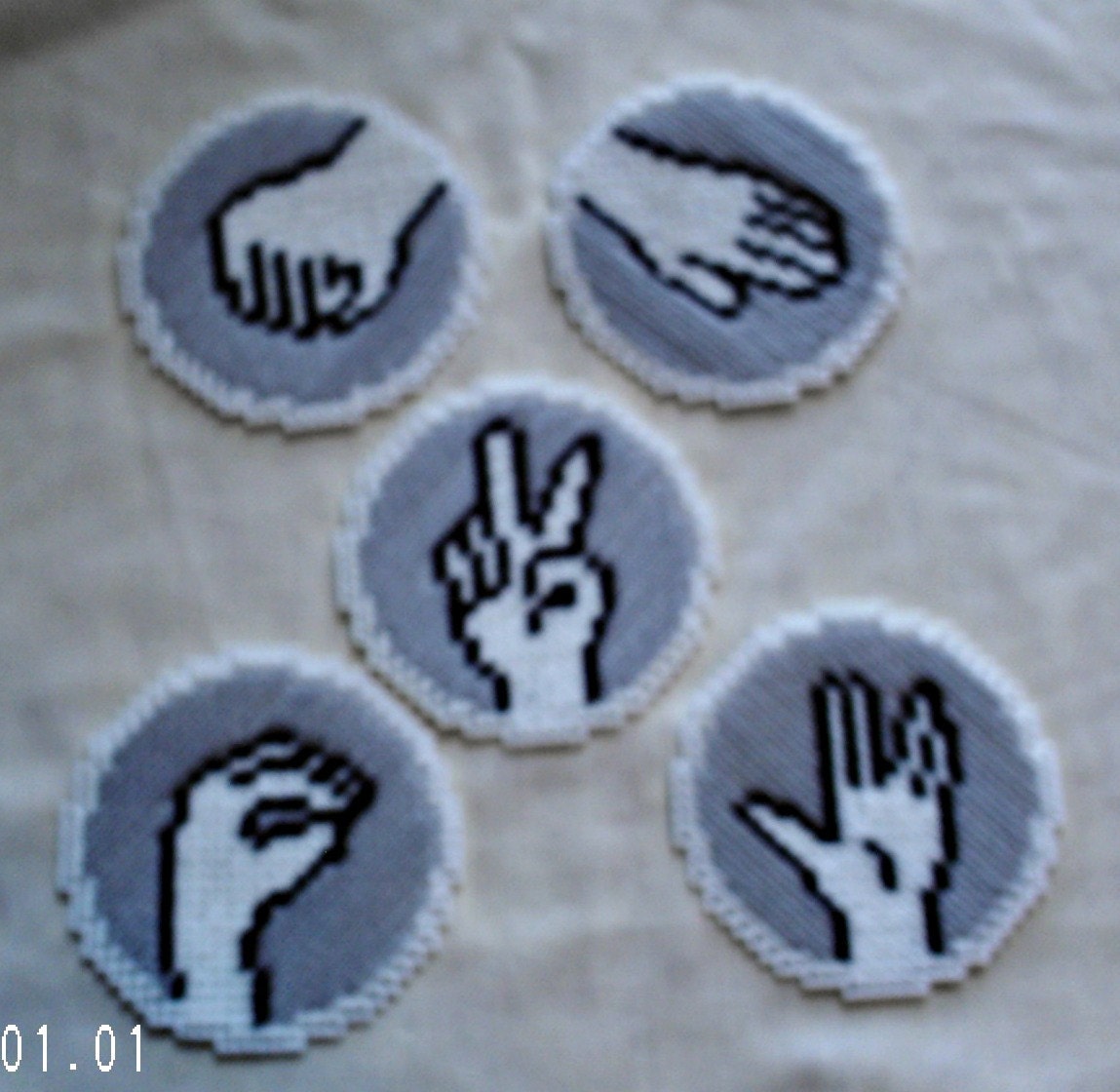 Rock Paper Scissors Lizard Spock Plastic Canvas Set of 5 Coasters or Magnets