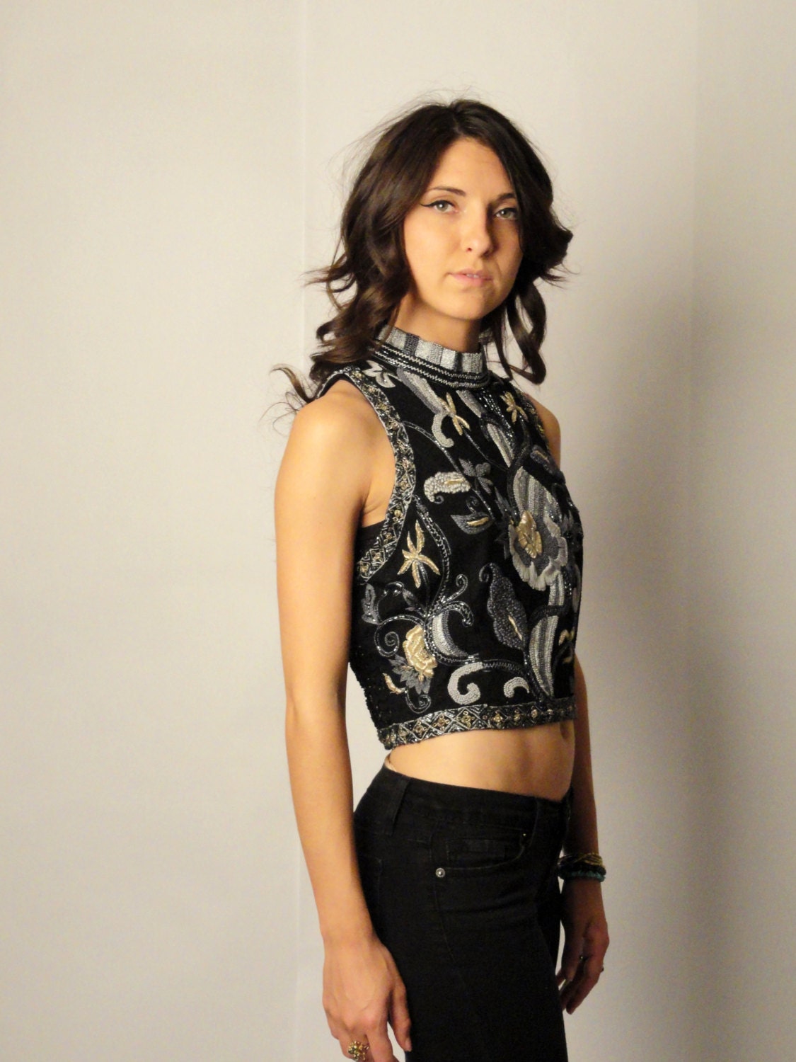vintage 80s beaded crop top - embroidered and beaded - metallic details - very ornate - small S