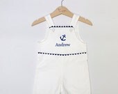 Boys anchor applique white and navy blue pique shortall jon jon with monogram embroidery
