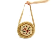 FREE SHIPPING-Tapestry bag- Gobelin bag-Brown,Caramel- Round Bag- Handmade crochet handle- Cotton handbag- Pouch- Stylish handbag