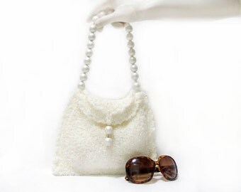 Free Shipping- White Clutch- Crochet clutch- White- Bride Fashion- Wedding, Bride handbag- Mini handbag- Silvery white- Pearl handle