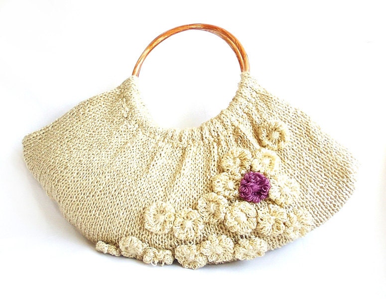 Valentines Day SALE - Free shipping- Fashionable Swollen Knitting Satchel Bag- Beige and decorated with flowers- OOAK