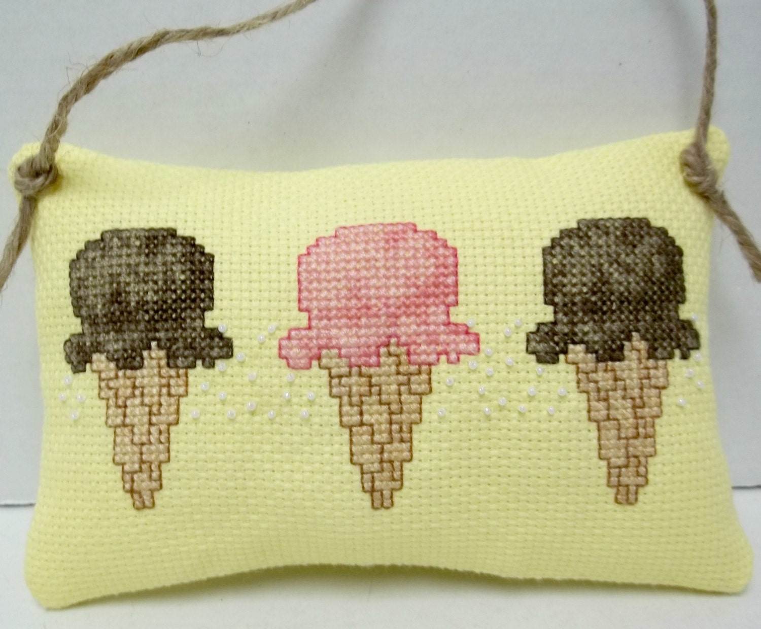 Ice Cream Cone Cross Stitched Hanging Mini Pillow
