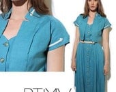 40s STRAIGHT ARROW sky blue linen set motif embroidered white button up dress bolero jacket set 2 piece charming novelty pockets M L