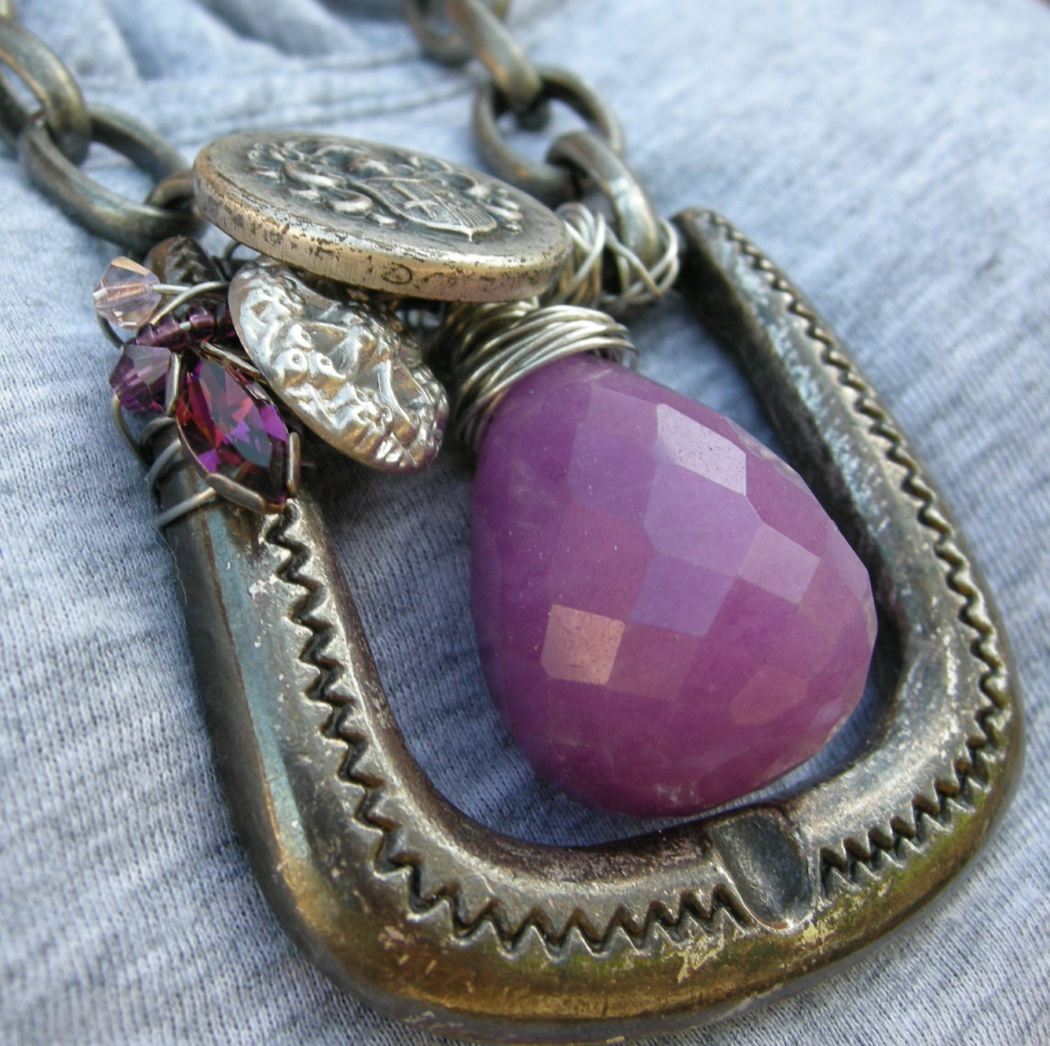 Items similar to Wire Wrapped Belt Buckle Necklace with Faceted Chunky