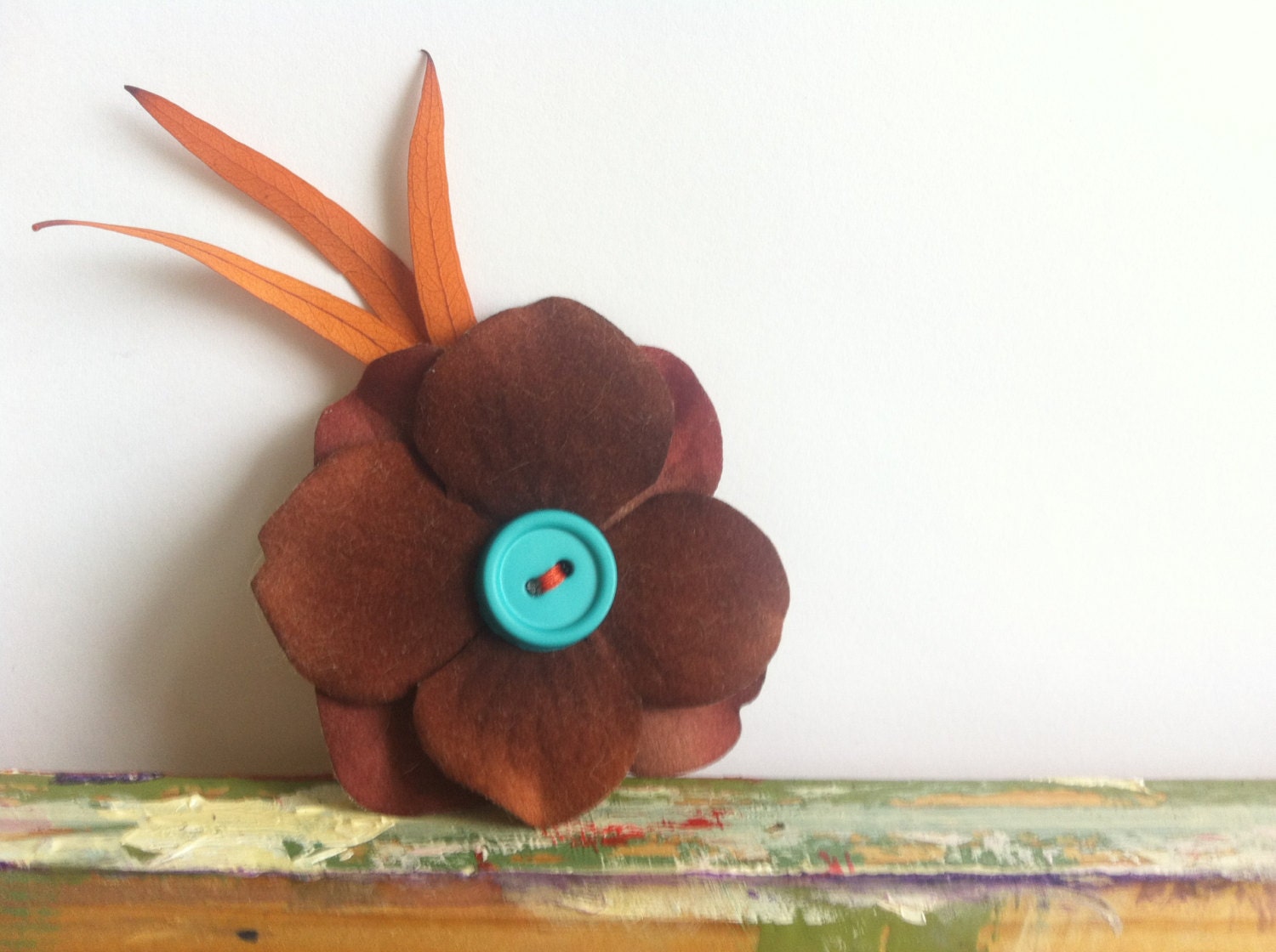 Brown Silk Flowers with Button Center with Orange Leaf Accent