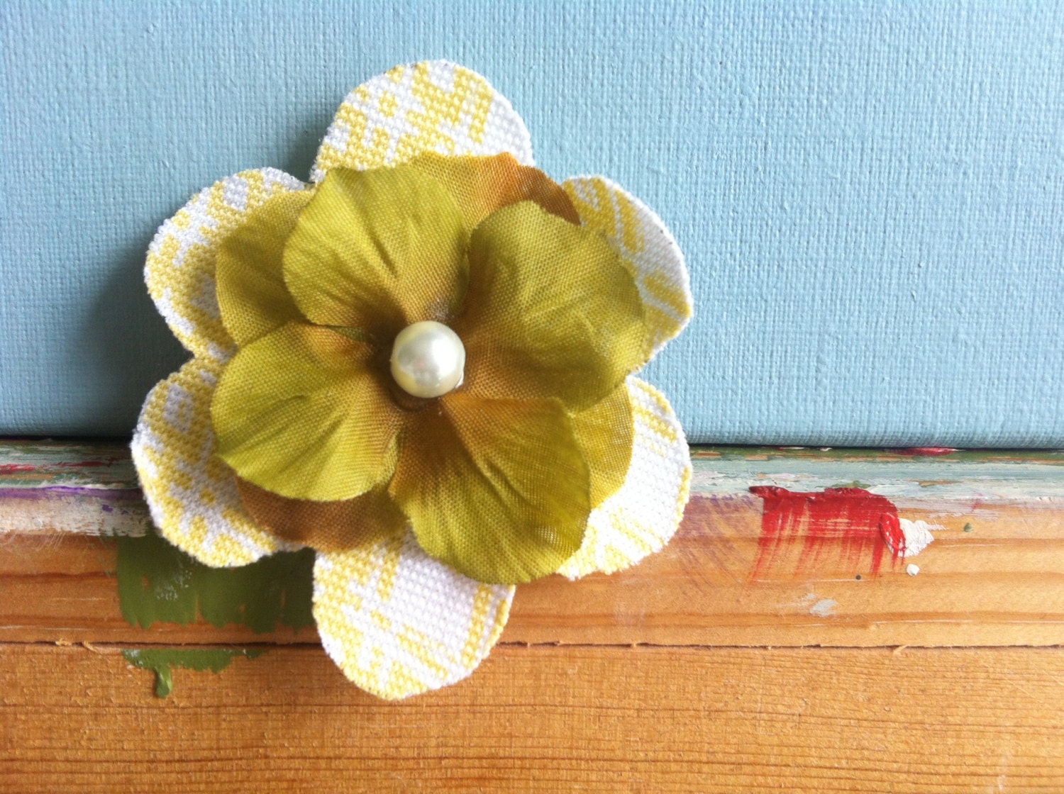 Yellow & White Cotton Fabric with Green Silk Flowers an Pearl Center
