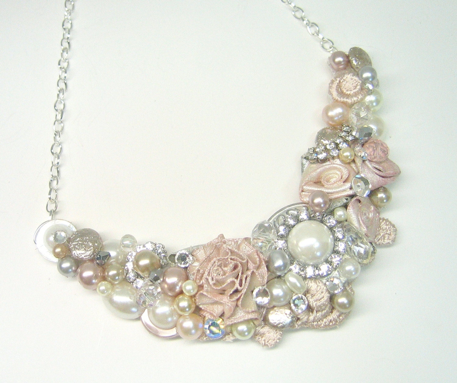 Blush Bridal Bib Necklace- Vintage-Inspired Blush Pearl Brooch Statement Necklace with Roses & Rhinestones- Wedding Jewelry